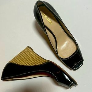 Prada open toe shoes. Black patent leather. Strawbound heels. White stitching